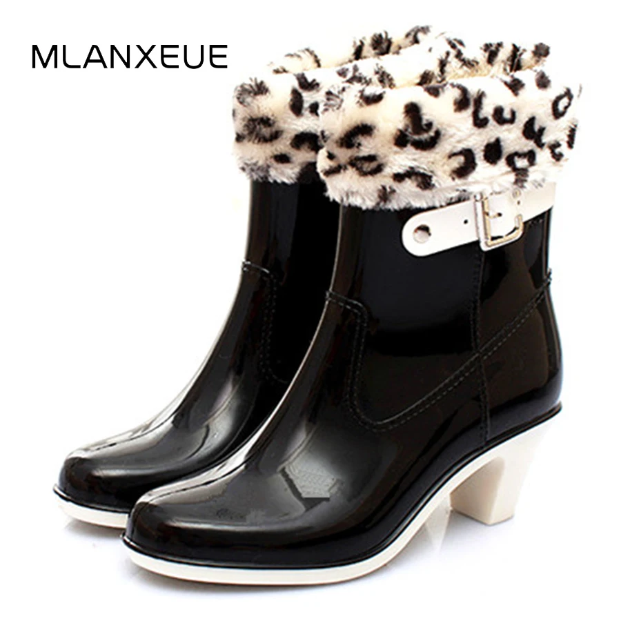 

MLANXEUE Fashion High heel Women Rain Boots Shoes Women Warm Add Cotton Woman Winter Snow Boots Buckle Famale Ankle Boots Autumn