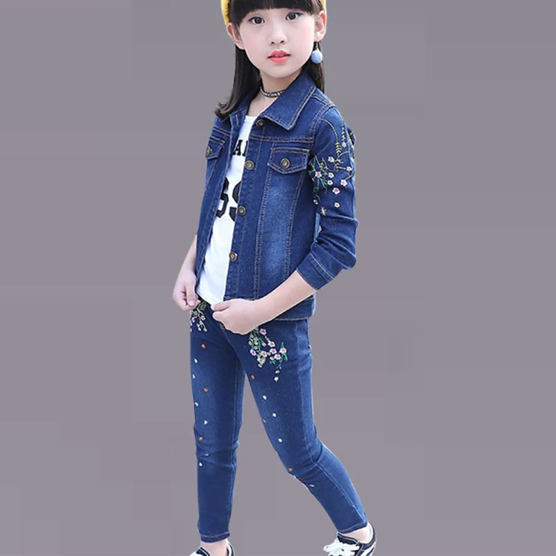 

Autumn Denim Clothing For Girls Floral Jacket+Jeans Fashion Winter Teenage Clothes For Girls 6 8 12 Years Children's Costume
