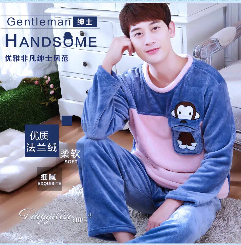 Men Pajama Sets Winter Autumn Coral Fleece Warm Men Sleepwear Suits Thick Homewear Long Sleeve Pijama Man Sleep Pyjama XXXL