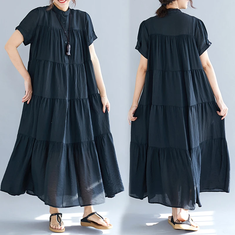 

2019 Summer Women Fashion Elegant Solid Color Tops Ladies Female Big Swing Long Casual Loose Ruffles Chiffon Dress