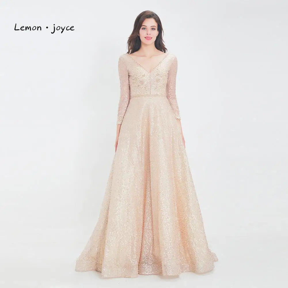 Lemon joyce Champagne Evening Dresses Long Sleeves for Women Sexy V-neck Backless A-line Prom Gowns robe de soiree - Цвет: Шампанское