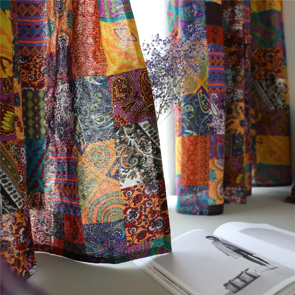 

National style Bay Window Semi-blackout Window Curtain Flower Printing Curtain Living Room Balcony Short Curtains Home Decor