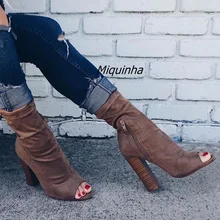 Новинка; летние модные ботильоны на блочном каблуке; коричневые сандалии на коротком каблуке из эластичной ткани с открытым носком; женские модные сандалии; Новинка