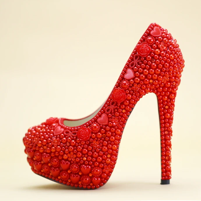 Women Wedding Shoes Red Color Crystal High Heel Bride Pumps With