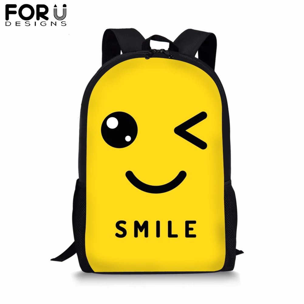 

FORUDESIGNS Smile Printing School Bag for Kids Girl Boy Emoji Yellow Backpack Preppy Bolsa Youth Child Bookbag Mochila Satchel