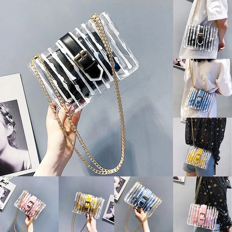 

Litthing Striped Clear Transparent PVC Women Messenger Crossbody Bag Chain Candy Color Jelly Summer Beach Bag Women Handbag 2019