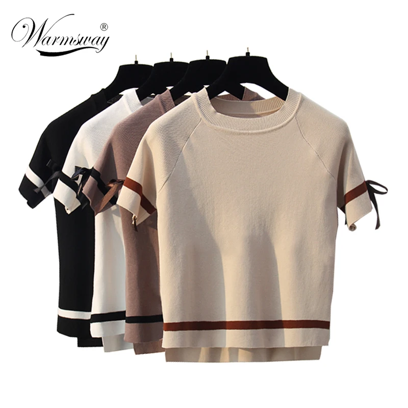 Summer Casual Bow tie Knitted Women T shirts Solid High Quality Top Fashion Chic Style Female Camisetas tee  B-112