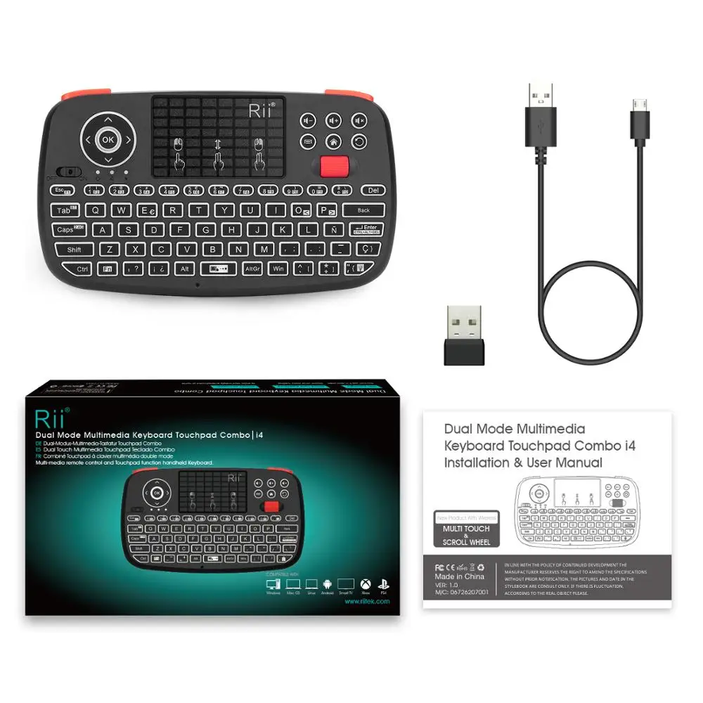 Koop Rii i4 Spaanse Mini Toetsenbord Bluetooth 2.4G Dual Modi Handheld Toets Backlit Muis Touchpad Afstandsbediening voor PC Android