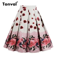 Tonval alta cintura faldas plisadas con flores de verano para mujer de rosa roja Flor de las mujeres Vintage Falda Midi de talla grande 4XL faldas
