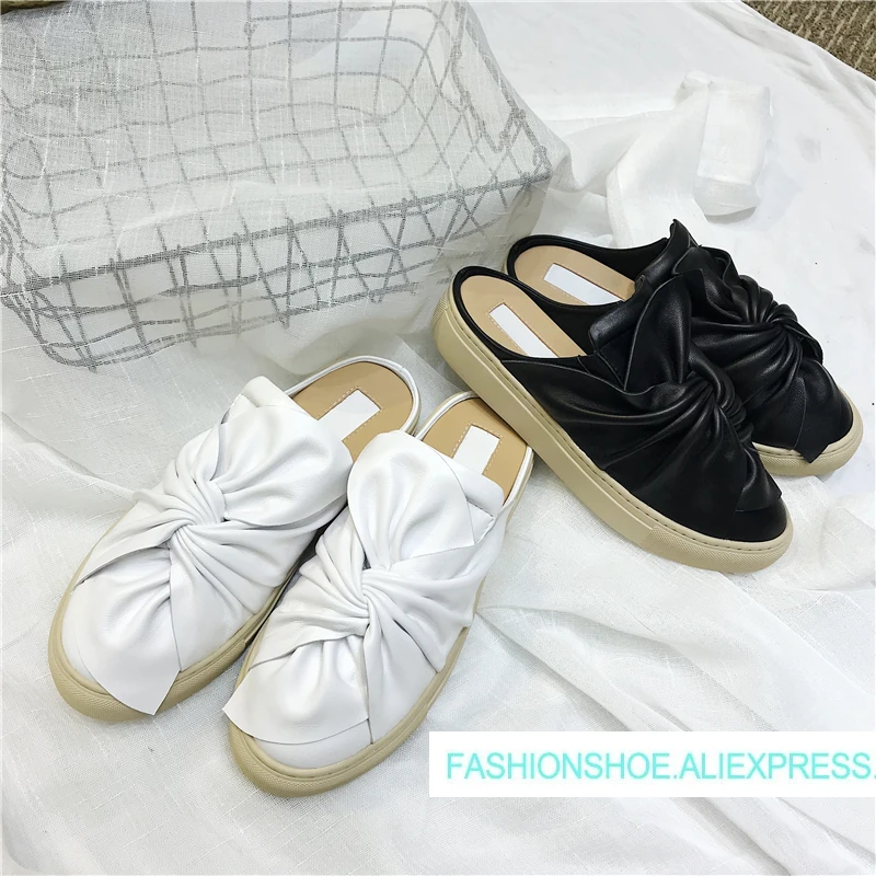 

2018 Spring Hot Big Bowknot Slippers Shoes Woman Leather Mules Designer Casual Flats Chic Woman Shoes Mujer Flats Loafers Tide