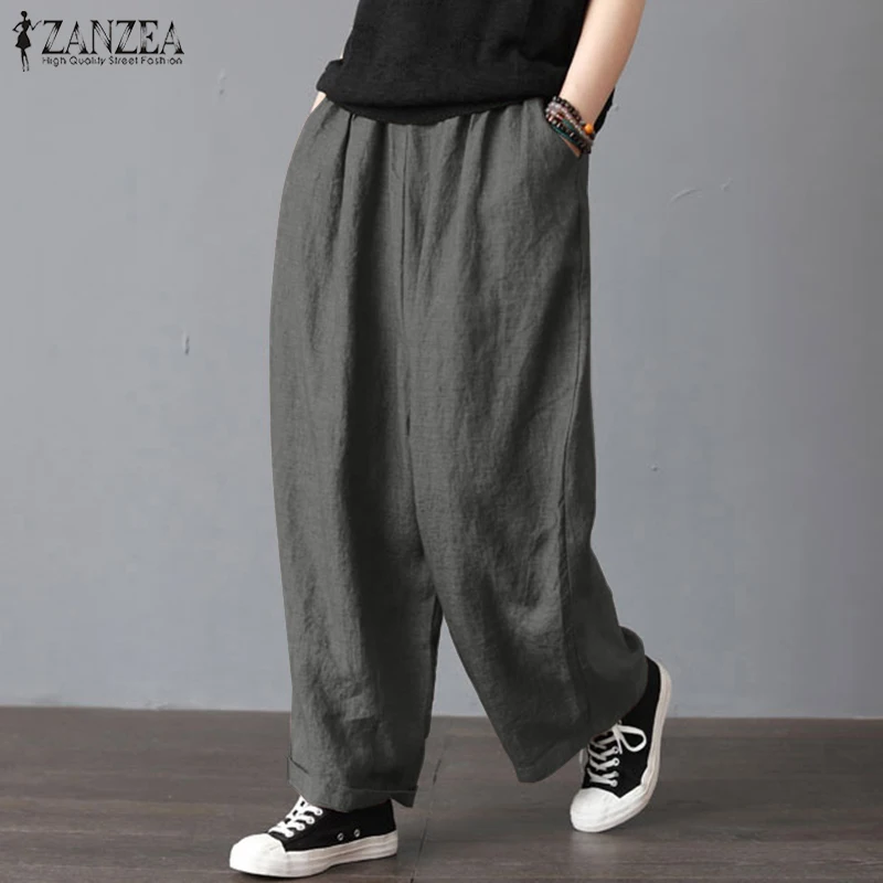 ZANZEA 2019 Women Wide Leg Pants Casual Loose Solid Work Trousers Elastic Waist Pockets Long Pantalon Femme Streetwear Plus Size ZANZEA 2019 Women Wide Leg Pants Casual Loose Solid Work Trousers Elastic Waist Pockets Long Pantalon Femme Streetwear Plus Size