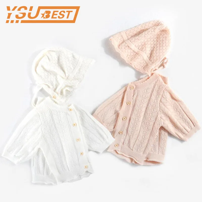 

New 2019 Spring Autumn Sweater Coat Long Sleeves Knit Openwork Jacket With Hat Knitted Newborn Baby Girls Knitwear Jackets