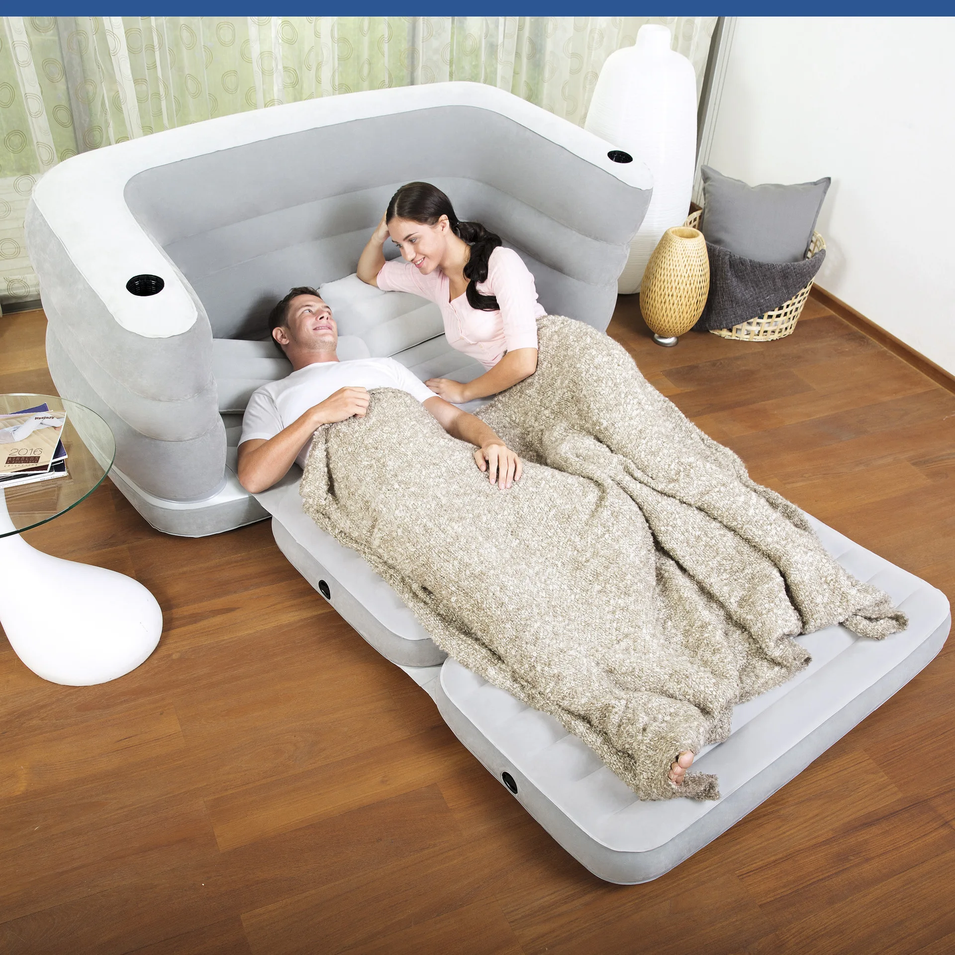 Inflatable Sofa Bed with Two Pillows& Cushion Home Flocking+PVC Sofa for Two People Indoors Lazy Inflatable Loungers