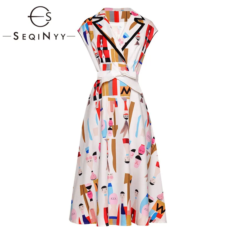 

SEQINYY Cartoon Printed Dress 2019 Summer New Fashion Design Short Sleeve Colorful Notched Office Lady A-line Midi Dress