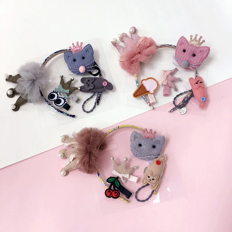 

Korea Cotton Cartoon Hair Accessories Set For Girls Gauze Hair Clips Hairband Headband Hair Bow Princess Elastic Hair Band Tie