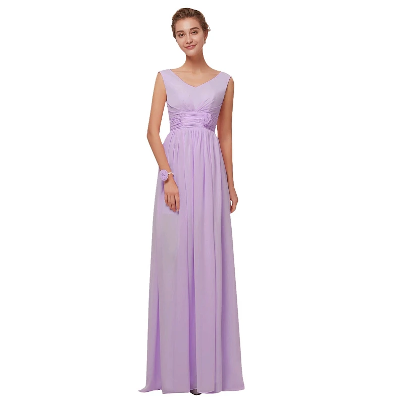 Light Purple A Королевские синие шифоные платья для подружек невесты Длинные женские платья-трапеция большого размера на свадебные вечеринки и выпускной без рукавов - Цвет: Light Purple A