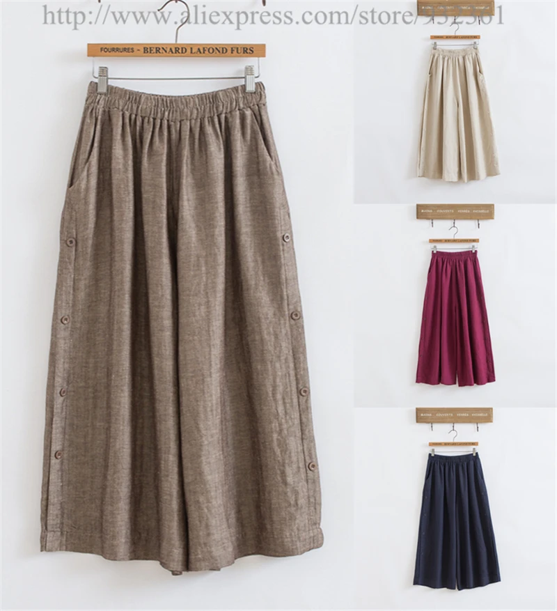 

Womens Casual Cotton Linen wide leg skirt pants Summer plus size trousers Khaki Slacks falda pantalon mujer sarouel palazzo