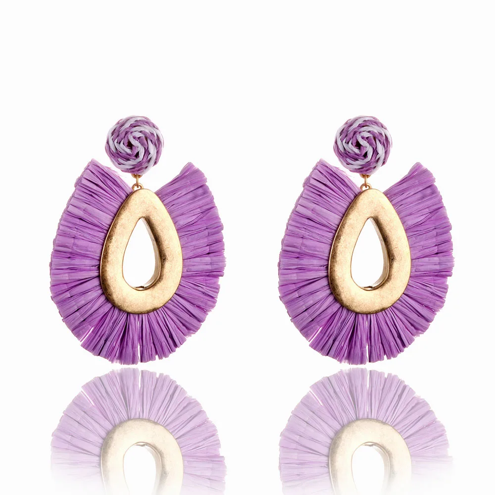 

Huidang Fashion Big Water Drop Worn Gold Plating Fringe Raffia Earrings Statement Earring