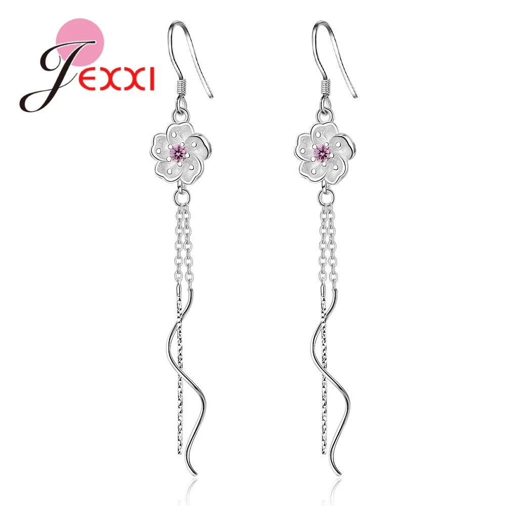 

JEXXI Romantic Flower with Long Chains Pendant Earrings Noble Symbol Original Brand Bridal Wedding Jewelry 925 Silver