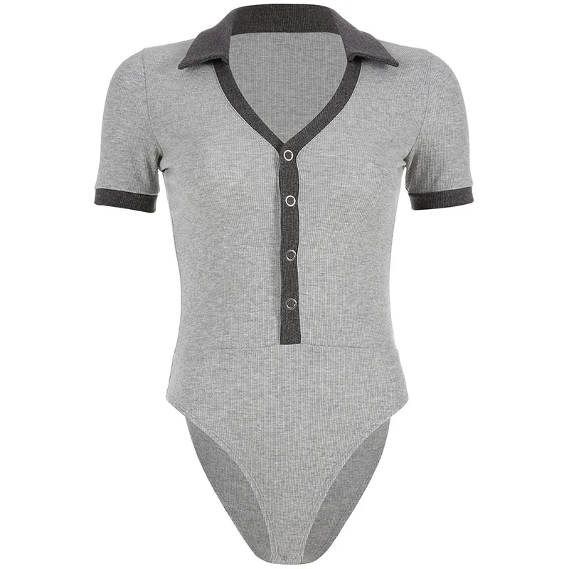 Fashion Knitted Bodysuit Top Patchwork Polo Turn down Collar Short