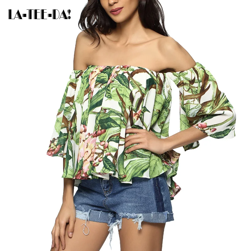 La-Tee-Da!elyq New Print Blouses Women Shirts Lady Fashion Off Shoulder Ruffles Chiffon Slash Neck Vestidos |