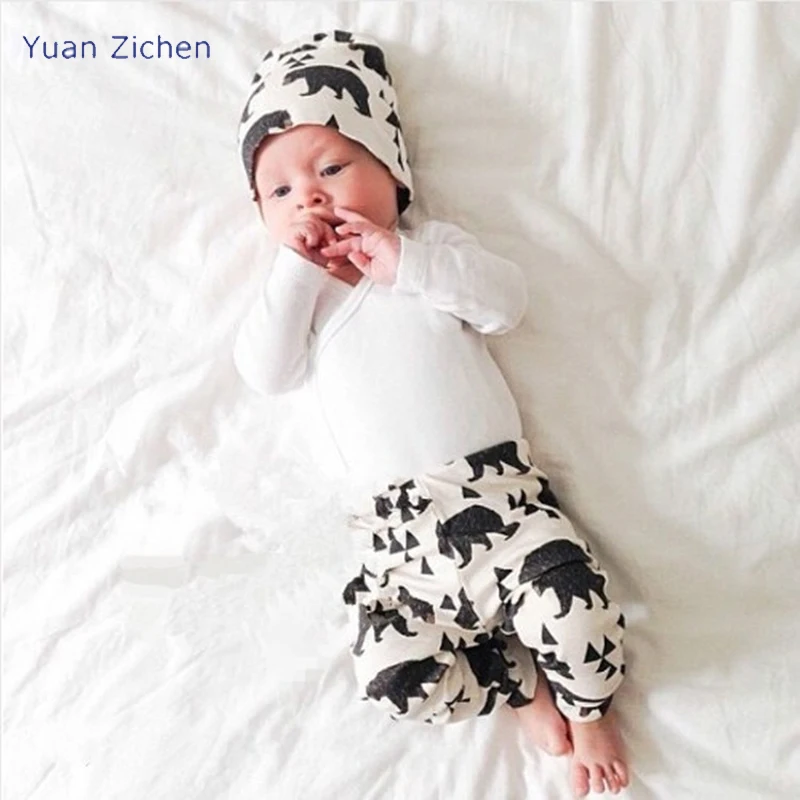 Hot Style 3pcs White Cotton Long Sleeve T-Shirt+Pants+Hat Ppolar Bear Animal Printing Baby Boy Girl New Born Child Clothes Set