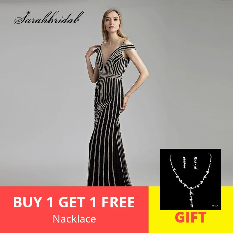 

New Elegant Long Mermaid Evening Dresses 2019 Crystal Gowns V Neck Off the Shoulder Formal Real Photos Robe De Soiree LSX497
