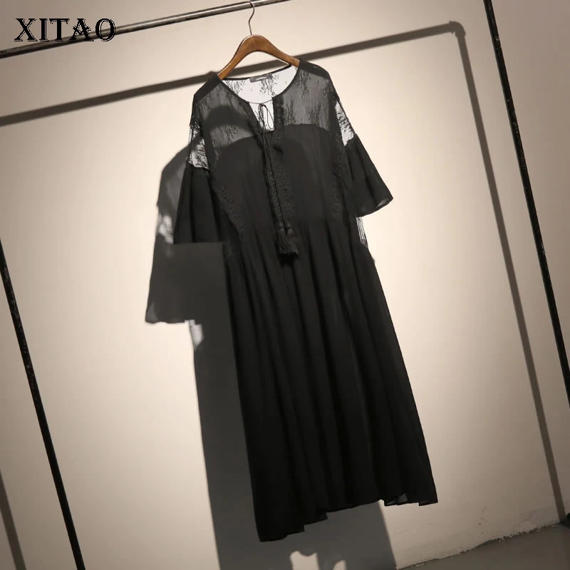 

[XITAO] 2018 Europe Summer New Fashion Women Patchwork Loose Lace Mesh Dress Female O-Neck Short Sleeve Mid-Calf Dress KZH2198