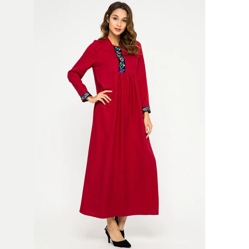 Abaya Floral Embroidered A-line Long Muslim Dress Red Kaftan Long Robe Print...
