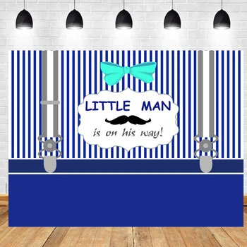 

BEIPOTO Little Man Baby Shower Backdrop for Photography Mustache Background Blue White Stripes Boys Birthday Party Banner HL-10