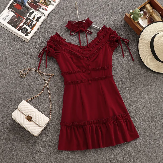

2019 Summer New Arrival Sweet Temperament Sexy Slim Short Puff Sleeve V Neck Mini Dress With Fungus Edges Ruffles Free Shipping