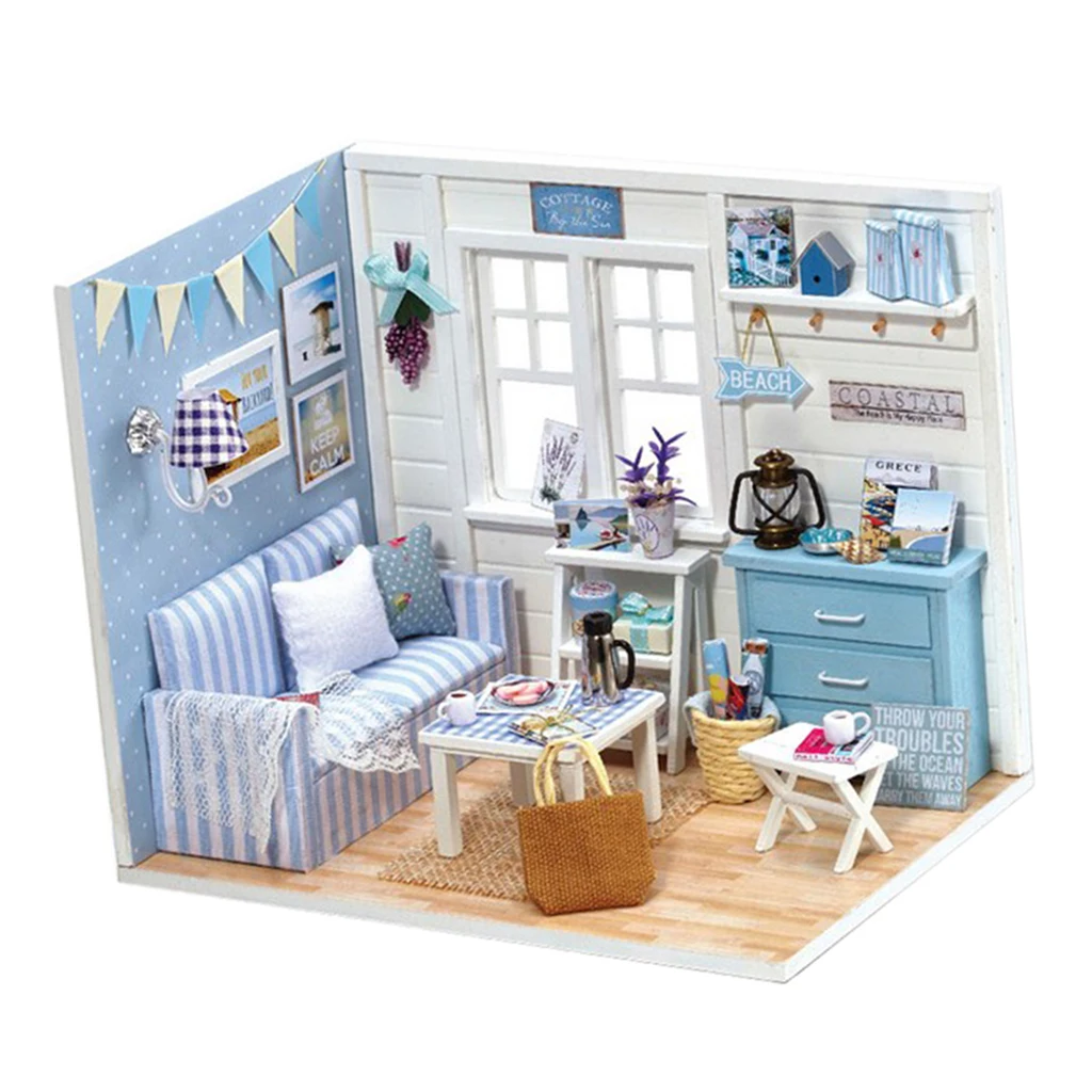 1/24 DIY Wooden Dolls House Miniature Fresh Sunshine Living Room Dollhouse Kits with Furniture Model, for Ages 6+ Birthday Gift