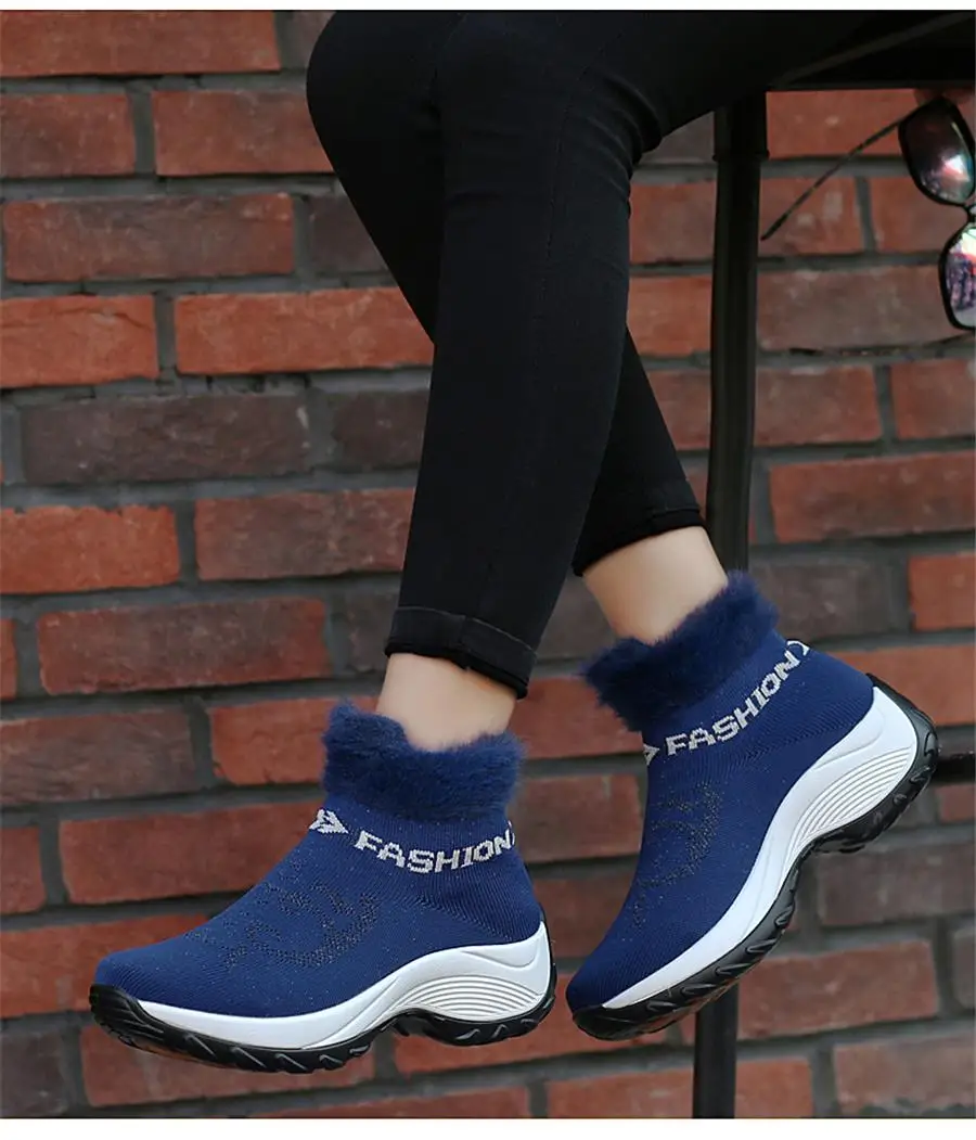 2019Winter Women Sneakers Fashion Platform Wedges Shoes Woman Slip-on Snow Boots Ladies Warm Fur Sock Boots Shoes Big Size 41 42