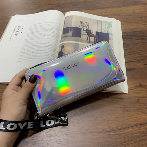 Women Wallets Lanyard Laser Holographic Wallet Women Long Purse Female Clutch Bag Portfel Zip Phone Pocket Card Holder Carteras - Цвет: Long  LS01- Silver