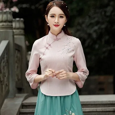 Chinois Топы Camisa китайский женский костюм Cheongsam блузка Vetement чайный костюм-платье традиционная китайская одежда женская рубашка Qipao - Цвет: pink colour