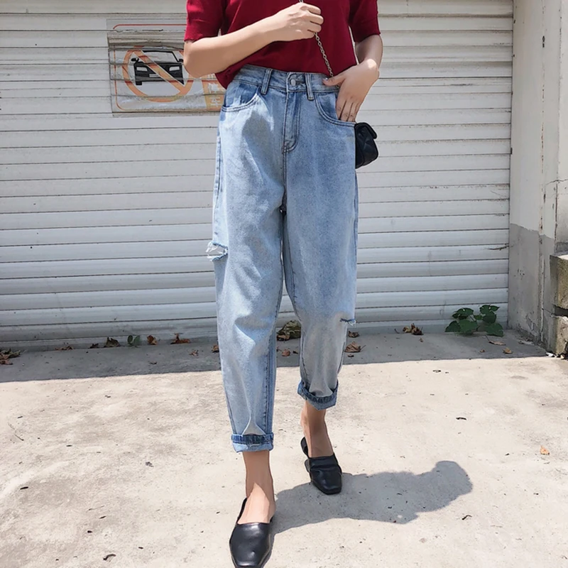 High-waist Boyfriend Jeans For Women Washed Shredded Jeans Vintage Hole Streetwear Plus Size Harajuku Carrot Mom Jeans Pants