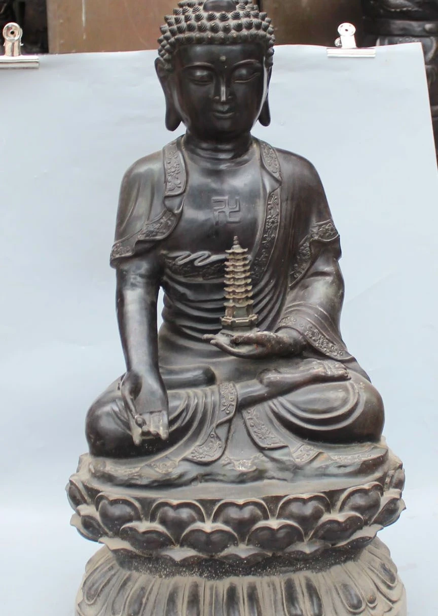 

31" Tibet Buddhism Bronze Seat Lotus Shakyamuni Sakyamuni Buddha Pagoda Statue