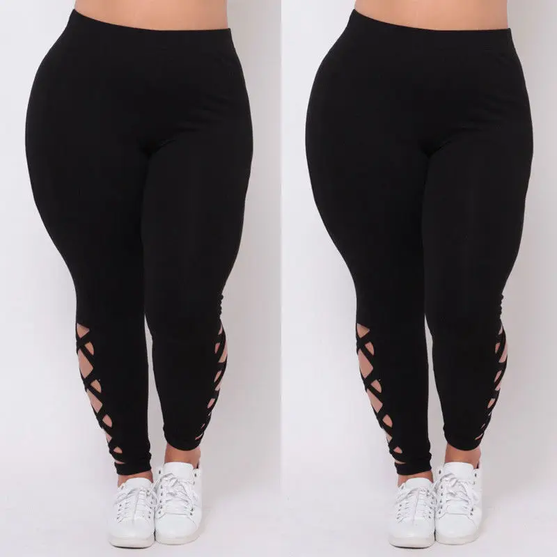 

Gym Solid Black Criss-Cross Hollow Out Sport Pants L-3XL Fitness Legging Brand New Women Plus Size Elastic Leggings