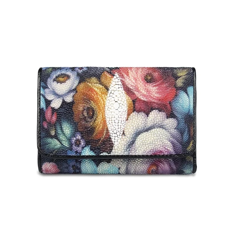 

Colorful Flower Designer Exotic Genuine Stingray Skin Leather Women Card Holder Short Wallet Lady Coin Pocket Small Clutch Purse