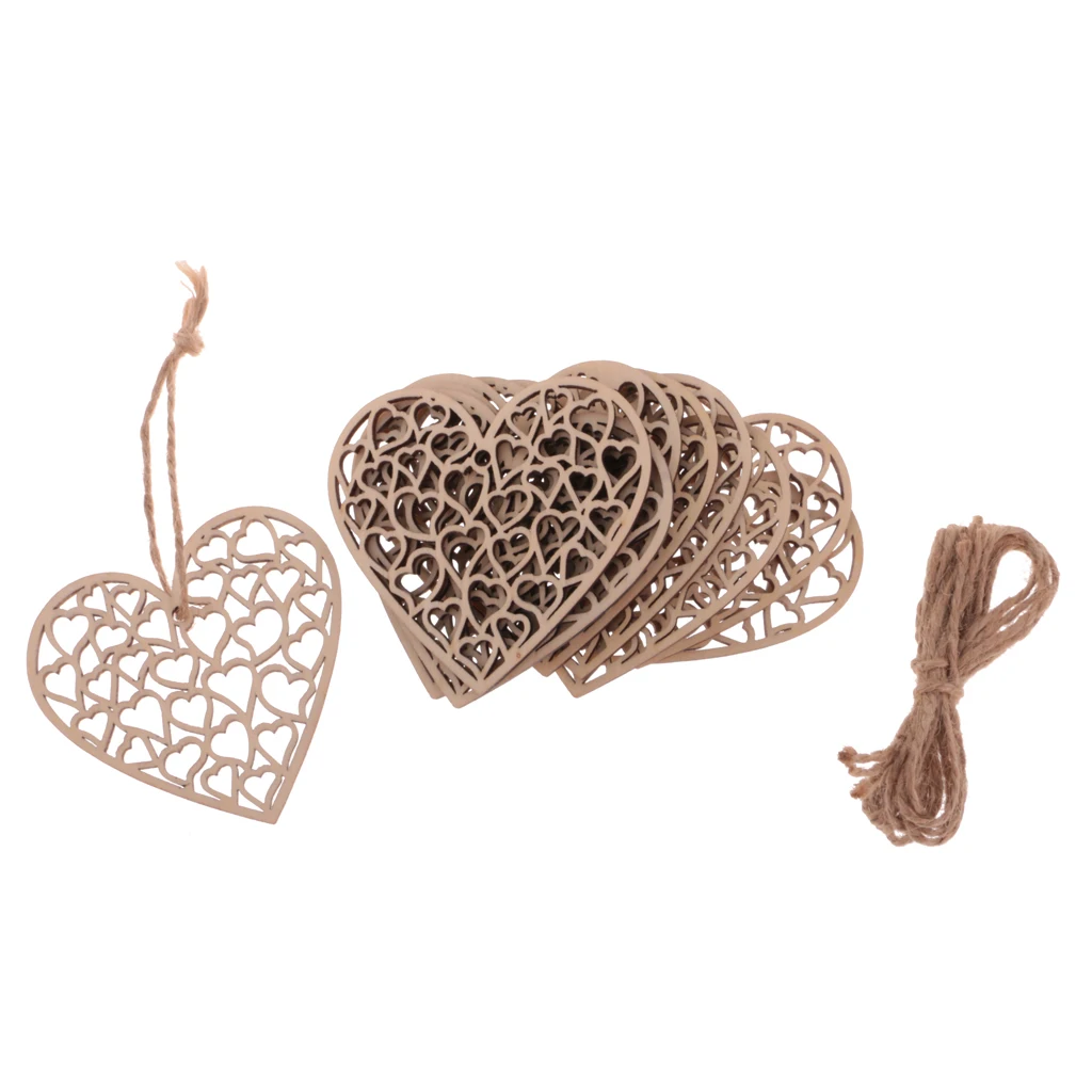 10x Vintage Wood Hanging Hearts Tags with Twine Chic Shabby Wedding Decor DIY