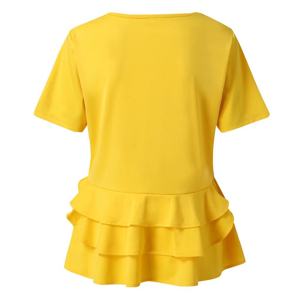 Women Short Sleeve Vintage Layered Ruffle Hem Fit Solid Peplum Blouse Shirt Top