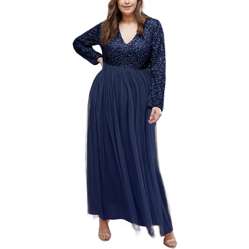 

Fashion Sequins Mesh Patchwork Dress Summer Women Elegant Party Maxi Long Dress Tunic Work Long Sleeve Vestidos Plus Size 6XL