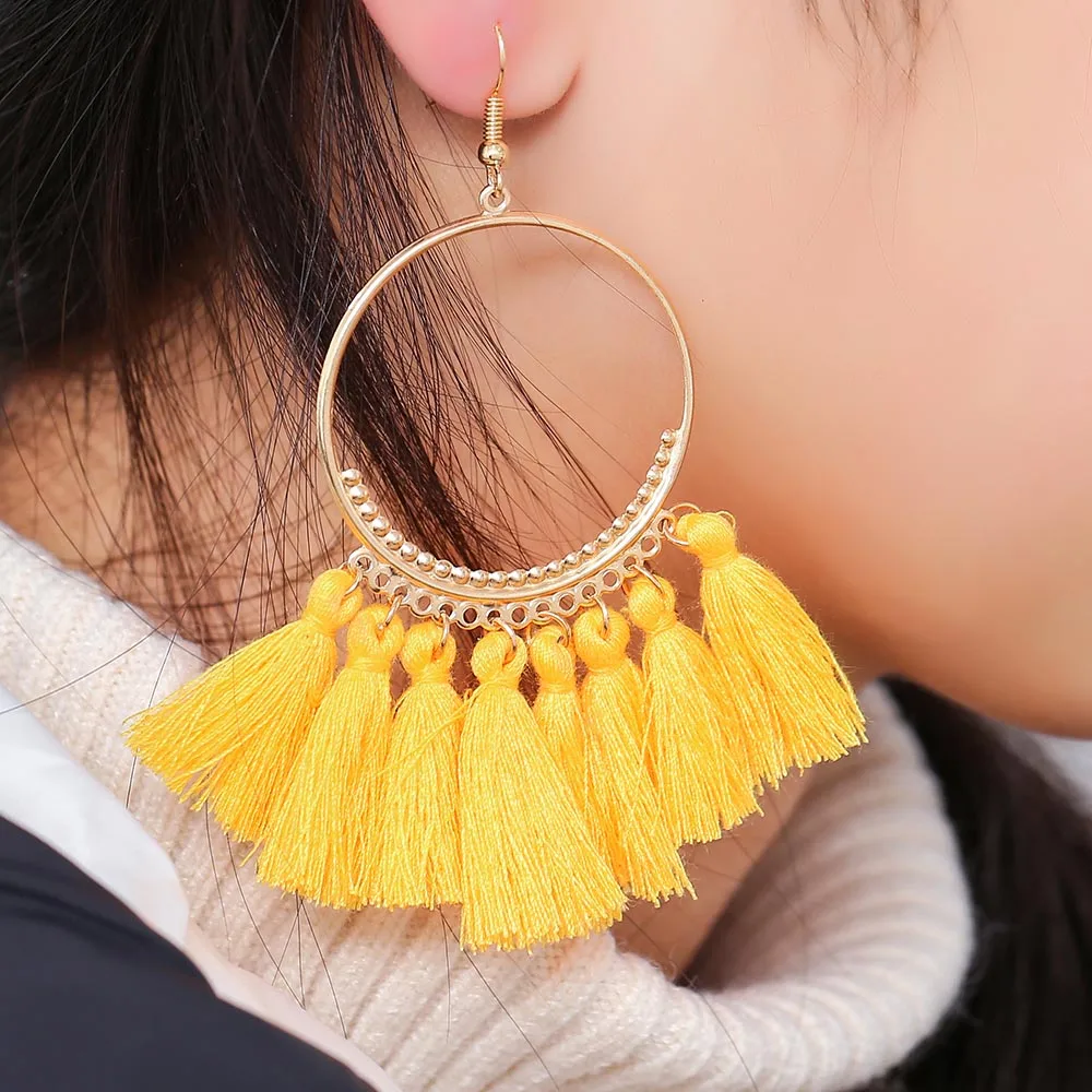 IMG_8845 Trendy Earrings Drop Earrings SilkAlloyDangleLongBohemianBlueOrangeMetalBohoGold Tassel Earrings For Women Jewelry