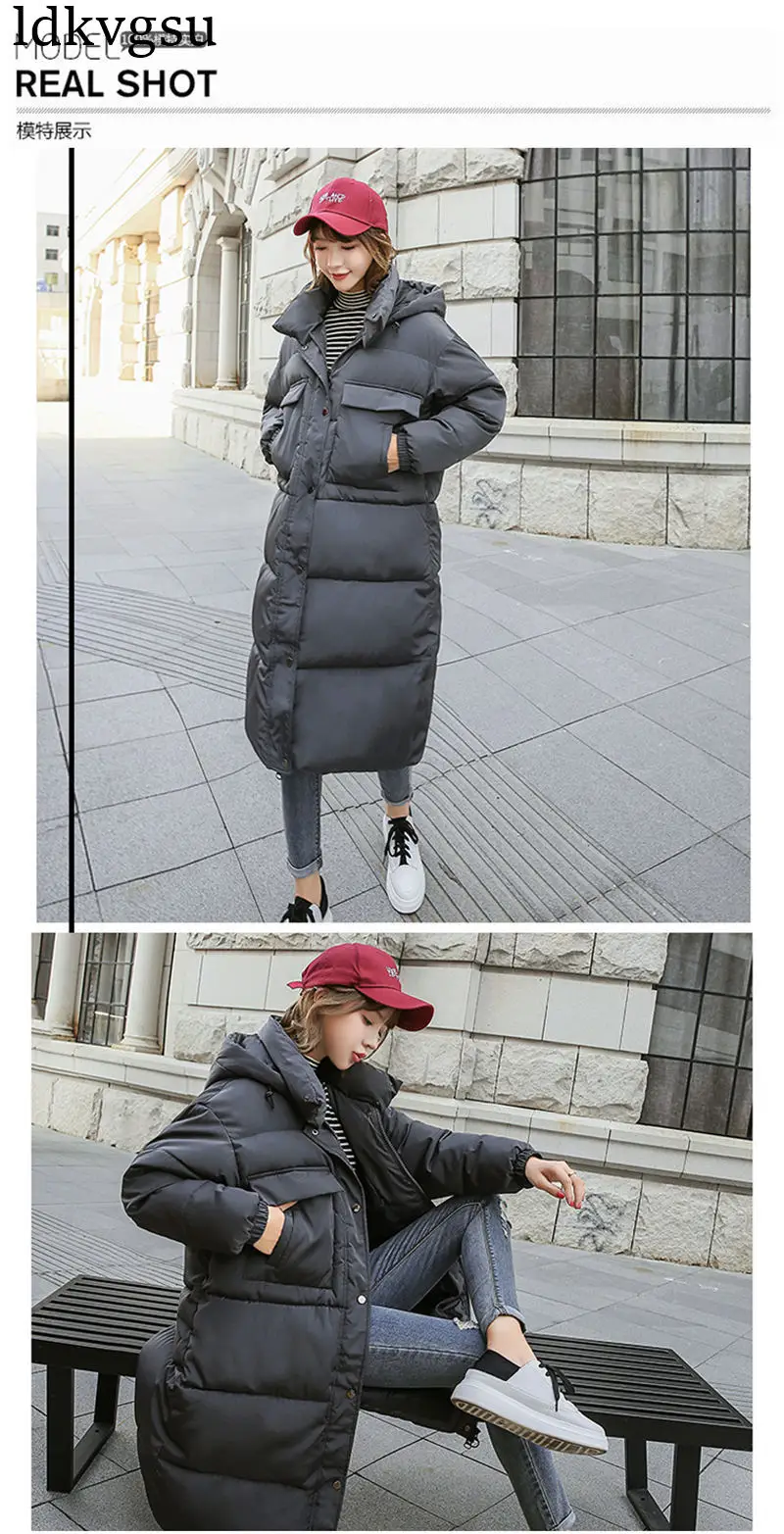 Новинка, зимняя куртка, женские пальто, хлопковая стеганая одежда, женская зимняя Корейская свободная длинная парка с капюшоном V17