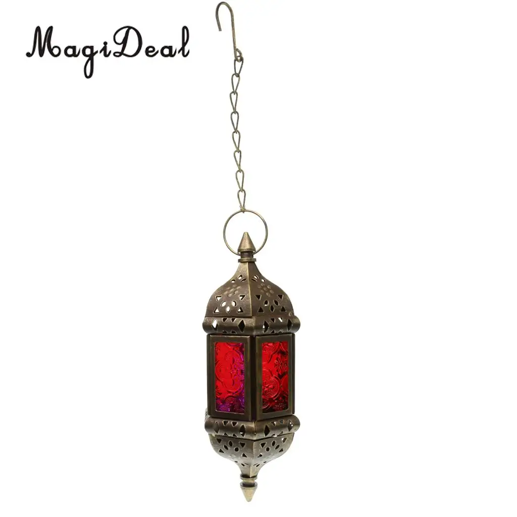 2pcs Glass Hanging Moroccan Candle Lanterns Wind Light Candle Lamp Candleholder with 66cm Iron Chain