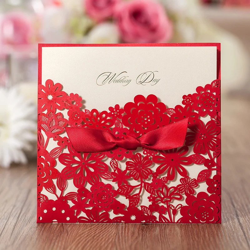 

100pcs/lot Laser Cut Wedding Invitatons Red Bowknot Invites Cards for Wedding Supply Free Printing Convite do casamen cw5086