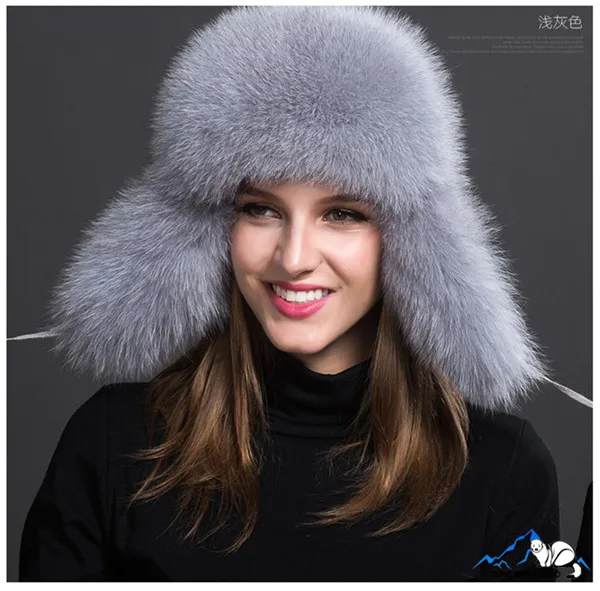 Russia Hot Item Fashion Winter Raccoon&bomber Fox Fur Hat With Ear Flaps For Women Thick and warm Winter Cap mens winter bomber hats Bomber Hats