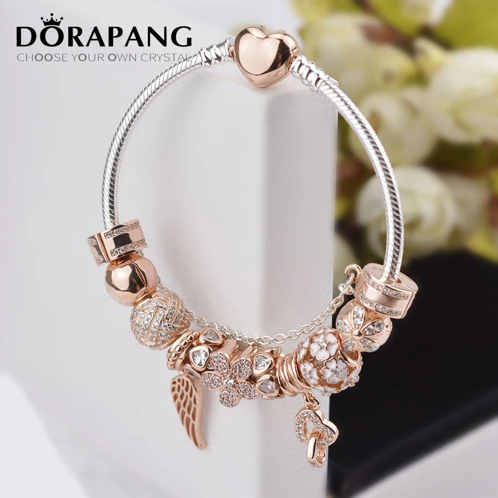 DORAPANG 100% 925 Sterling Silver Rose gold Heart bracelet suits Clear CZ Flower Charm Bead fit Bracelet DIY For Women Jewelry DORAPANG 100% 925 Sterling Silver Rose gold Heart bracelet suits Clear CZ Flower Charm Bead fit Bracelet DIY For Women Jewelry