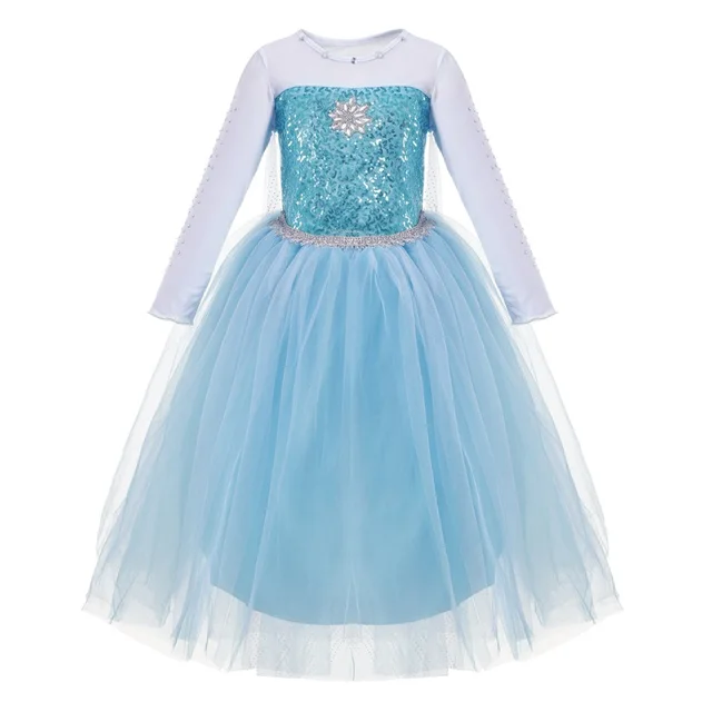 MUABABY Girls Elsa Costume Blue Snow Queen Princess Dress up with Long Train Halloween Christmas Party Sequined Cosplay Fantasy