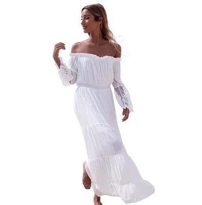 Ladies Long Sleeve Boho Long Dresses Summer Beach White Slash Neck Lace Maxi Dress Summer Party Bohemian Dress long-white-lace-dress